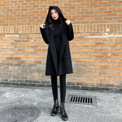 黑色连帽双面羊绒呢大衣女中长款