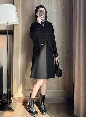 赫本风黑色毛呢外套女中长款减龄