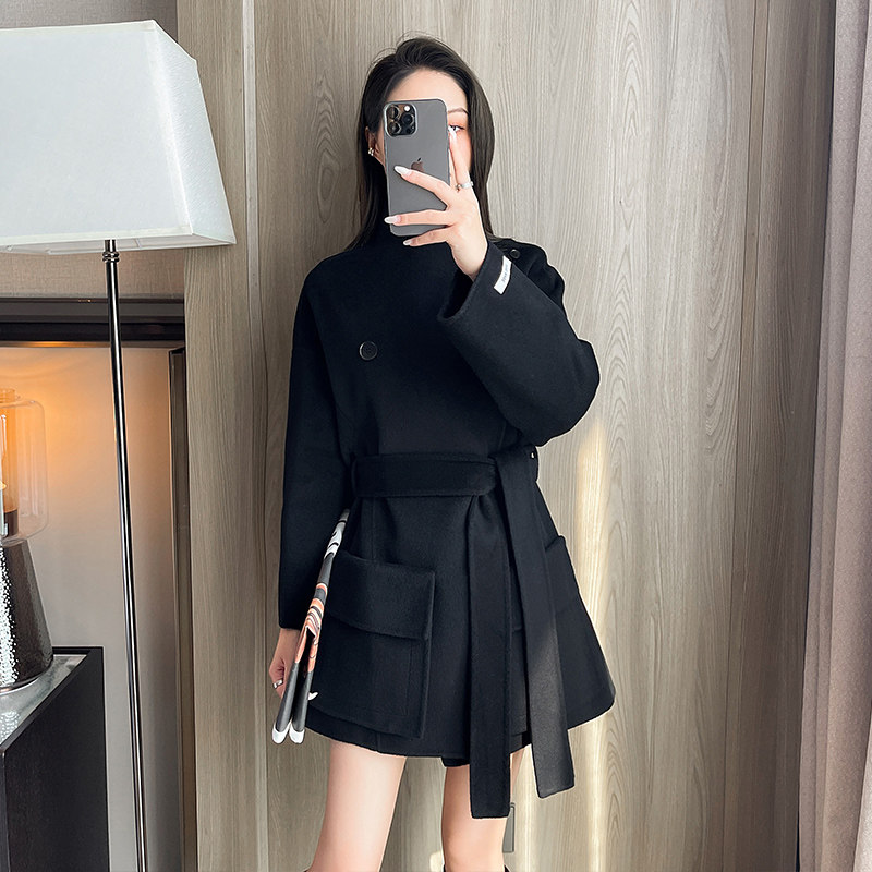 黑色系带双面羊绒大衣女中长款2024秋冬新款小个子韩版毛呢外套潮
