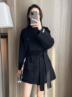 高级感黑色细带双面羊绒呢大衣女