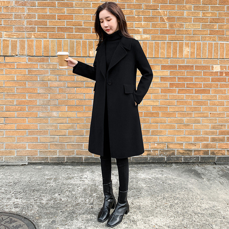 新款毛呢西装外套女黑色中长款