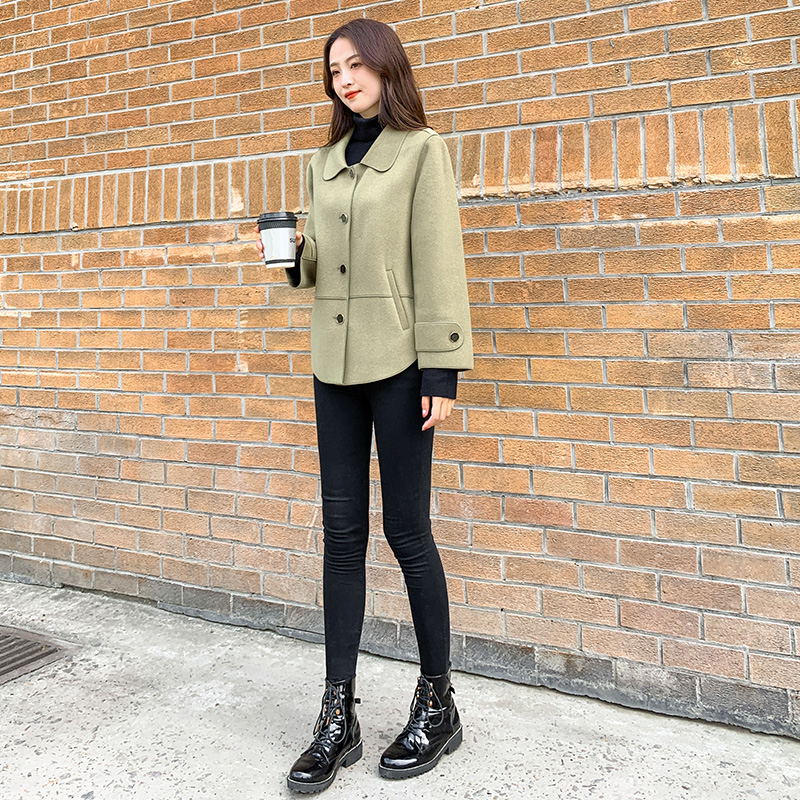 小个子绿色双面羊绒呢大衣女短款