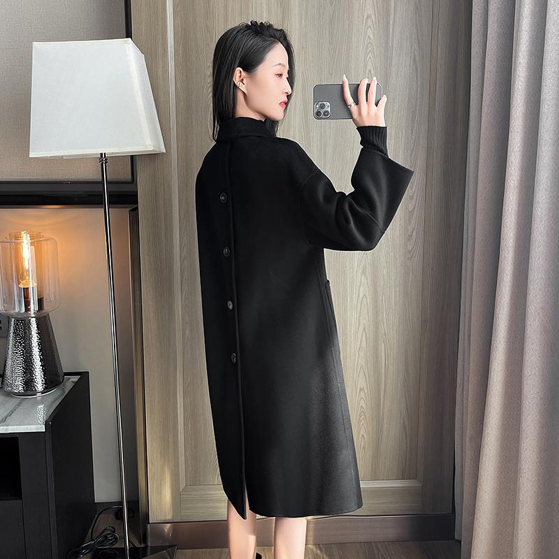 黑色娃娃领双面羊绒大衣女中长款2024秋冬新款高级感韩版毛呢外套