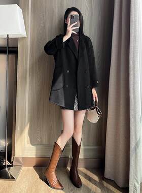 黑色小个子显瘦毛呢外套女中长款
