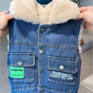 儿童马甲加绒加厚冬季男童 2024 新款韩版卡通婴幼儿洋气牛仔马甲