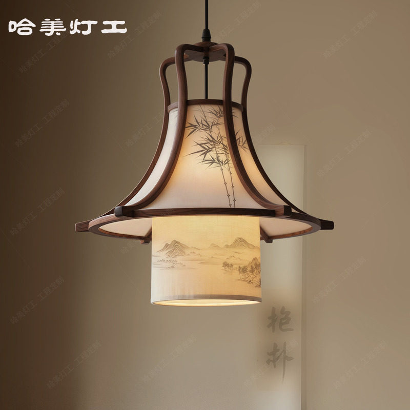 中式复古木质吊灯餐厅吧台灯竹子山水画布艺灯茶室民宿艺术灯具