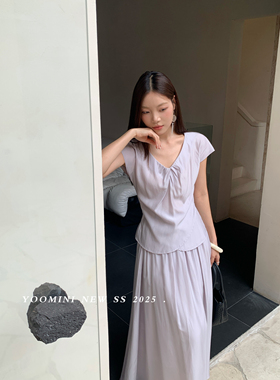 YOOMINI-领人丝压褶荷叶袖不规则小衫+半身裙2025夏套装M16518-LR