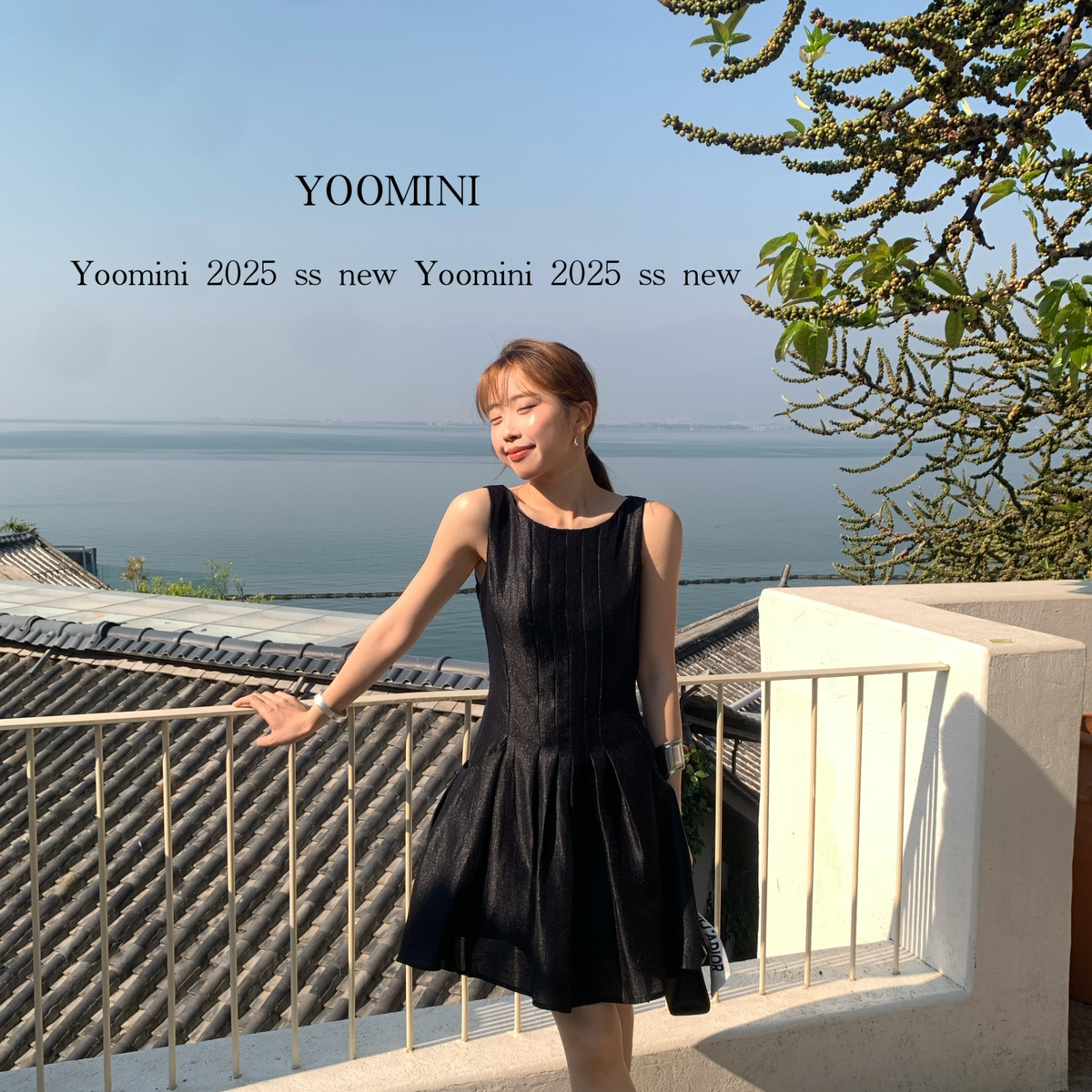 YOOMINI-5夏新款醋酸圆领压褶小个子A字气质短款连衣裙Y18140-DSY
