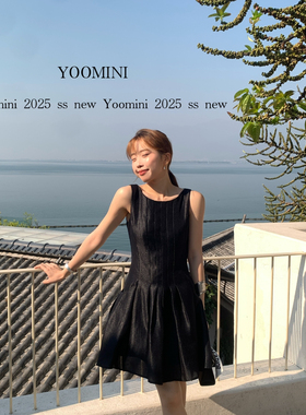 YOOMINI-5夏新款醋酸圆领压褶小个子A字气质短款连衣裙Y18140-DSY