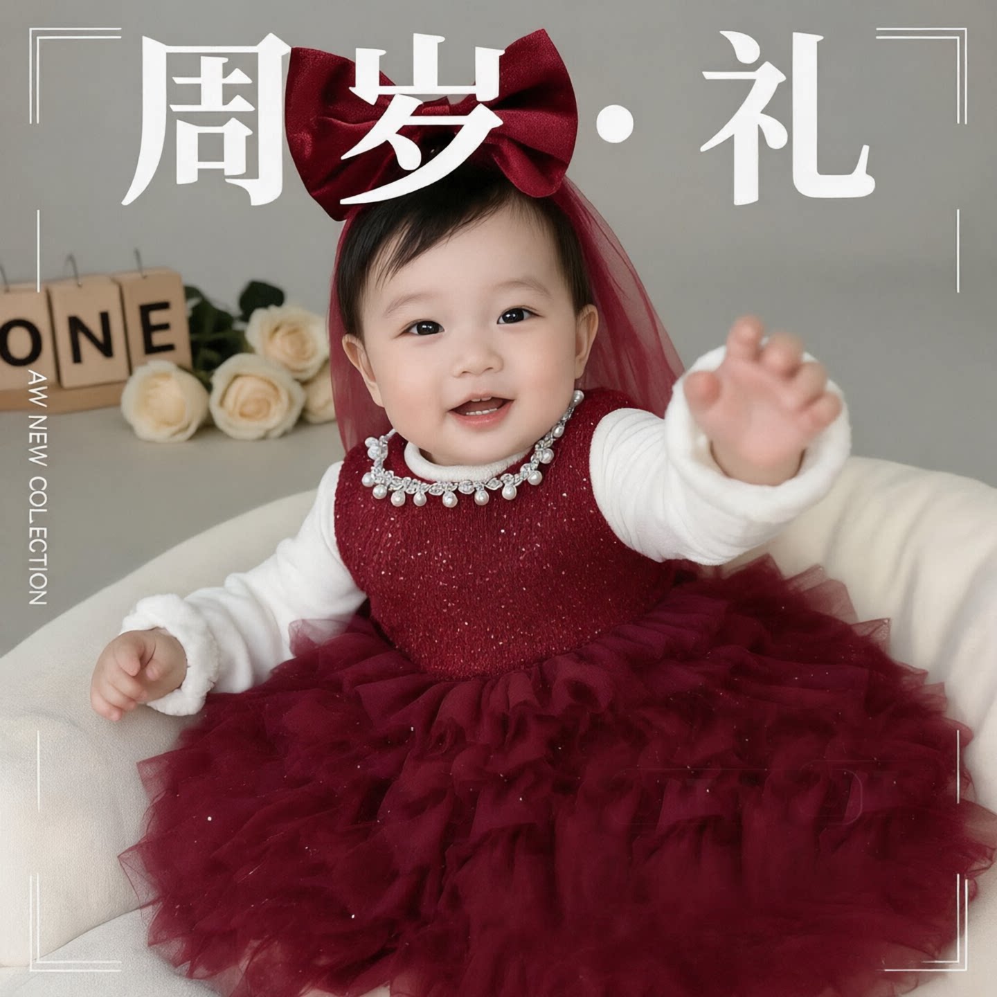 女童红色加绒珍珠蛋糕裙两件套