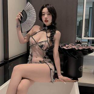 逍遥商城*趣情私房性感透视蕾丝网纱裙子改良版复古旗袍挂颈露背