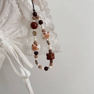 棕色暹罗猫猫咪咖啡杯秋冬手机链美拉德色挂绳可爱小众挂件手腕款