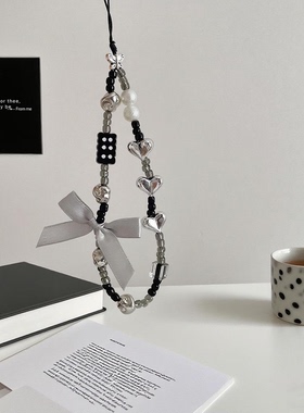 黑色手机链高级感挂绳银色蝴蝶结原创手工串珠小众ccd相机挂件ins