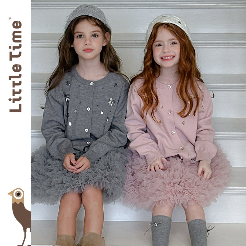 littletime女童毛衣2025秋冬新款儿童洋气手工亮片针织开衫上衣