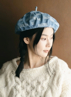 MING 蓝色魔方 l 复古文艺水洗做旧牛仔立体肌理秋季显脸小贝雷帽