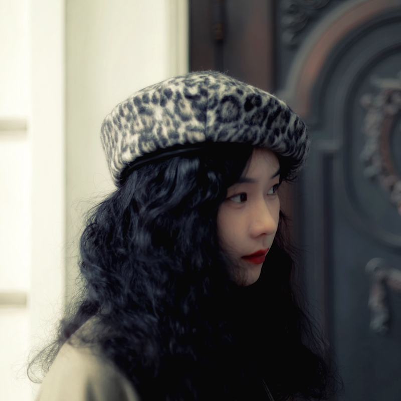 意大利羊毛长绒复古豹纹贝雷帽