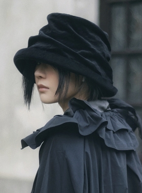MING 陀螺的幻觉 l 设计师捏皱螺旋平绒可塑暗黑秋冬显脸小渔夫帽