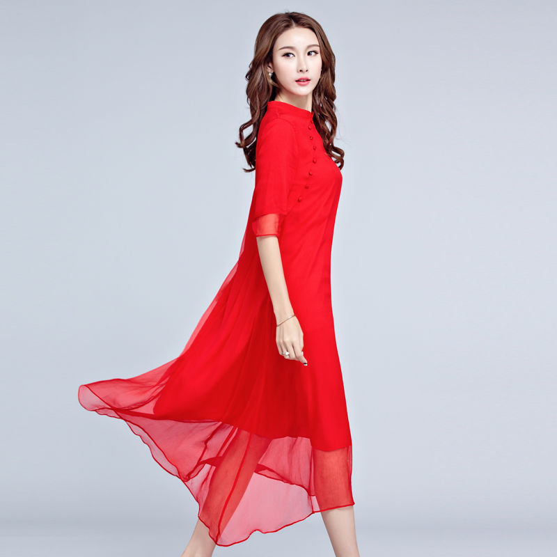 2018春夏品牌女装中国风改良旗袍裙民族红色真丝桑蚕丝连衣裙长裙
