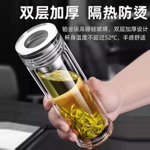 高档加厚男女泡茶真空玻璃水杯双层水晶玻璃杯车载隔热细长款男士