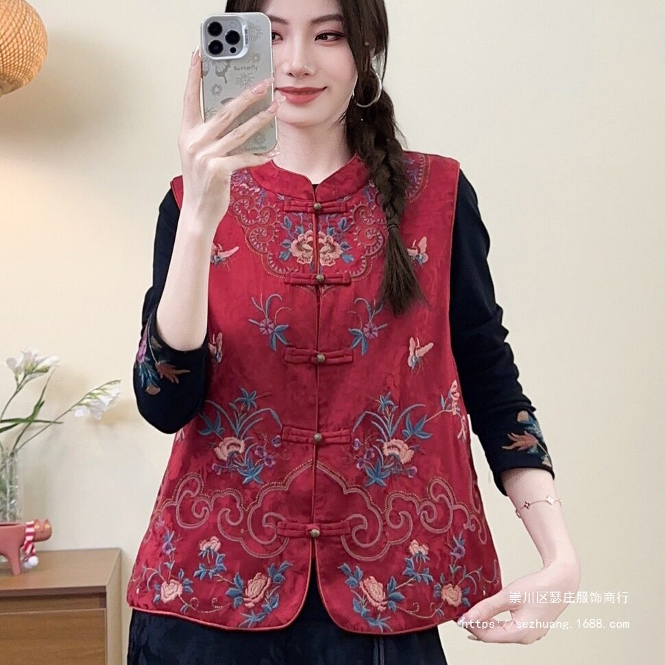 立领盘扣棉麻马甲女2025秋季新款马夹民族风坎肩时尚刺绣宽松背心