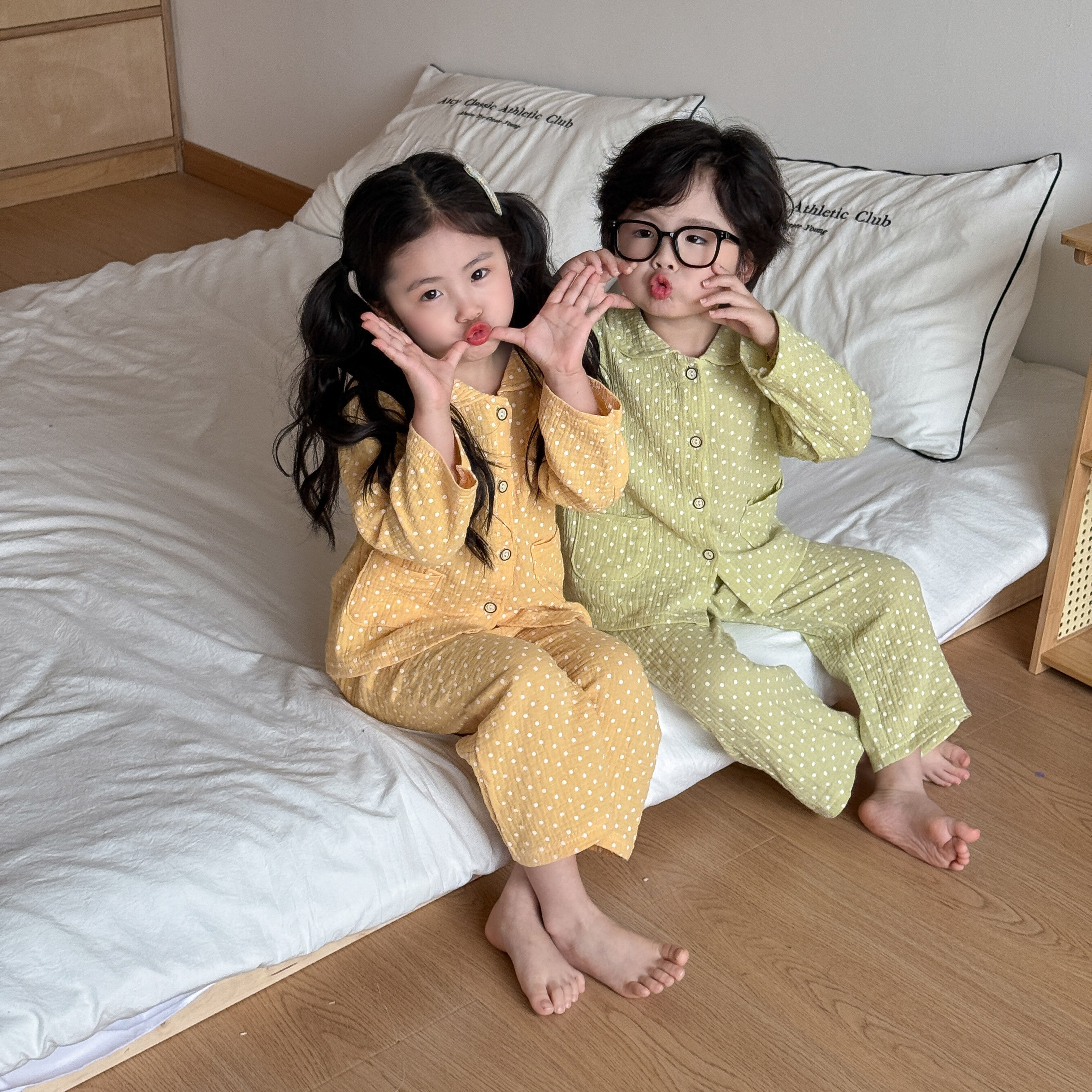 【糖果色】儿童纱布睡衣春夏简约纯棉两件套男女长袖家居服套装