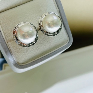 精工S925纯银方形古典大盘耳钉珍珠配件耳针式耳夹配13-14mm珍珠