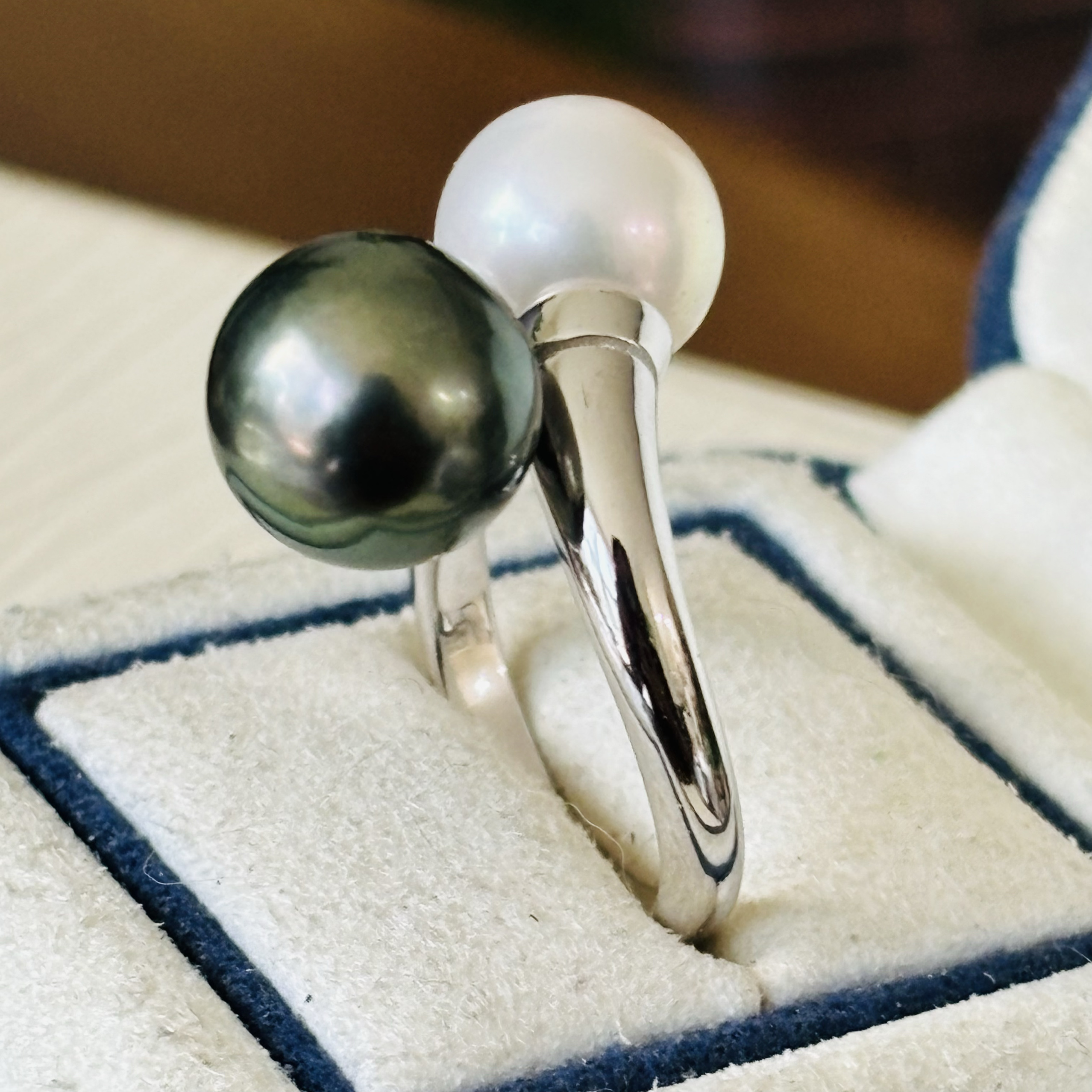 纯银精工S925纯银双珠实心戒指diy珍珠戒指配件可配8-9-10mm珍珠