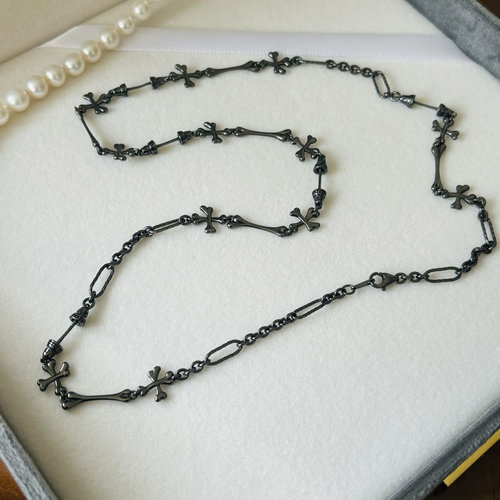 S925纯银复古朋克十字架骨头造型项链手链配件可配9-10-11mm珍珠