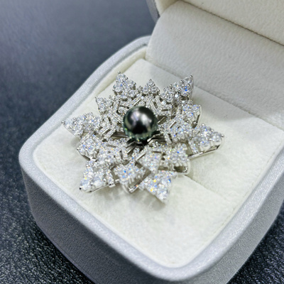 DIY纯银精工珍珠胸针雪花西装外套胸花领口防走光别针可配9-10mm