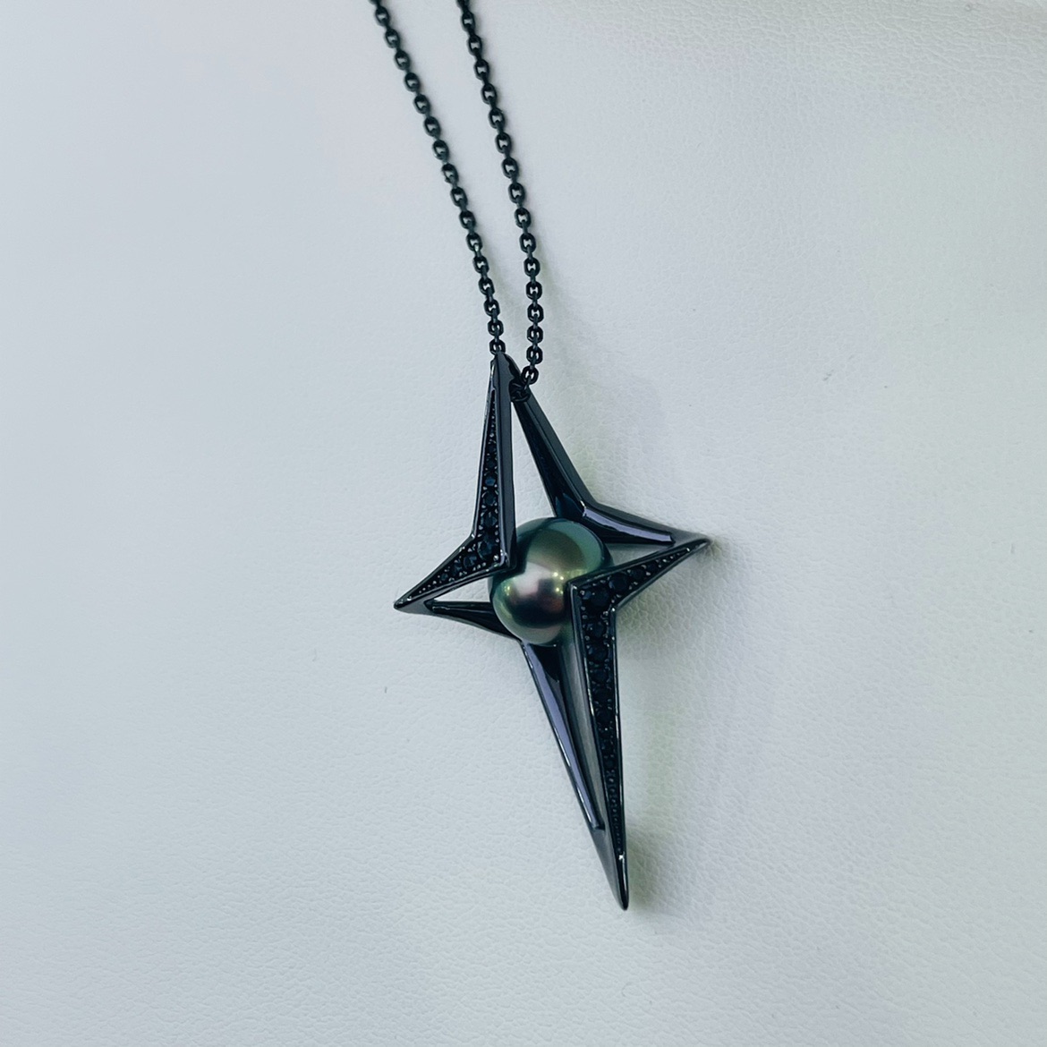 国内精工S925纯银M家四角星芒镀黑铑吊坠空托配件可配9mm链长60cm