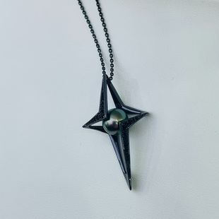 国内精工S925纯银M家四角星芒镀黑铑吊坠空托配件可配9mm链长60cm