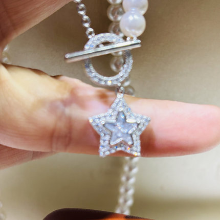 S925纯银精工满钻锆石星星扣可配6-7mm珍珠项链