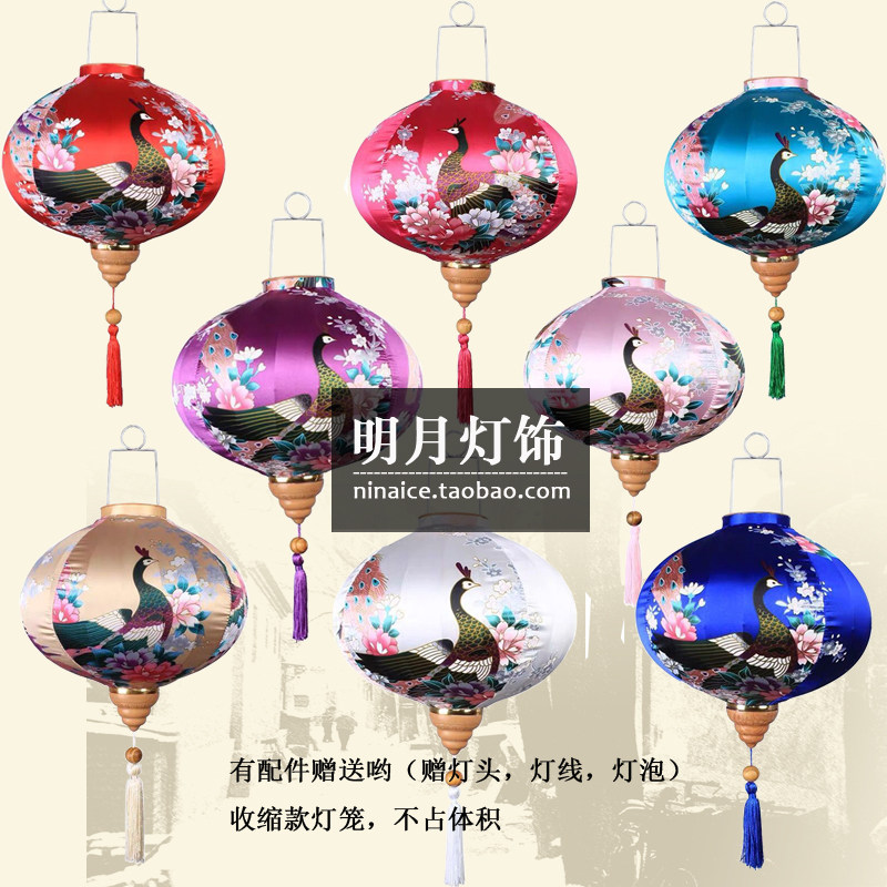 14寸仿古孔雀花布艺钻石形吊灯笼宫灯大红色商场婚庆布置庭院包邮