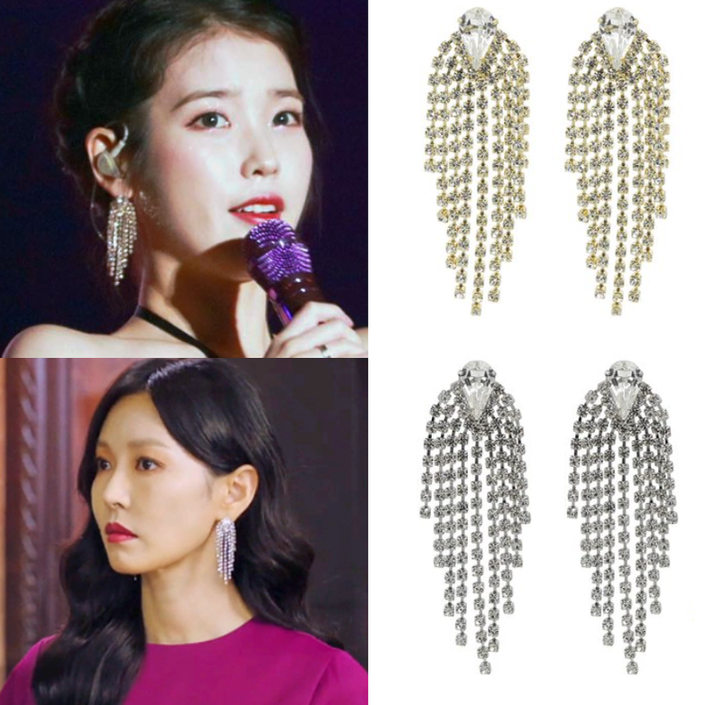 韩国代购正品 金素妍 河智苑 郑秀妍 IU 李知恩同款镶钻流苏耳环