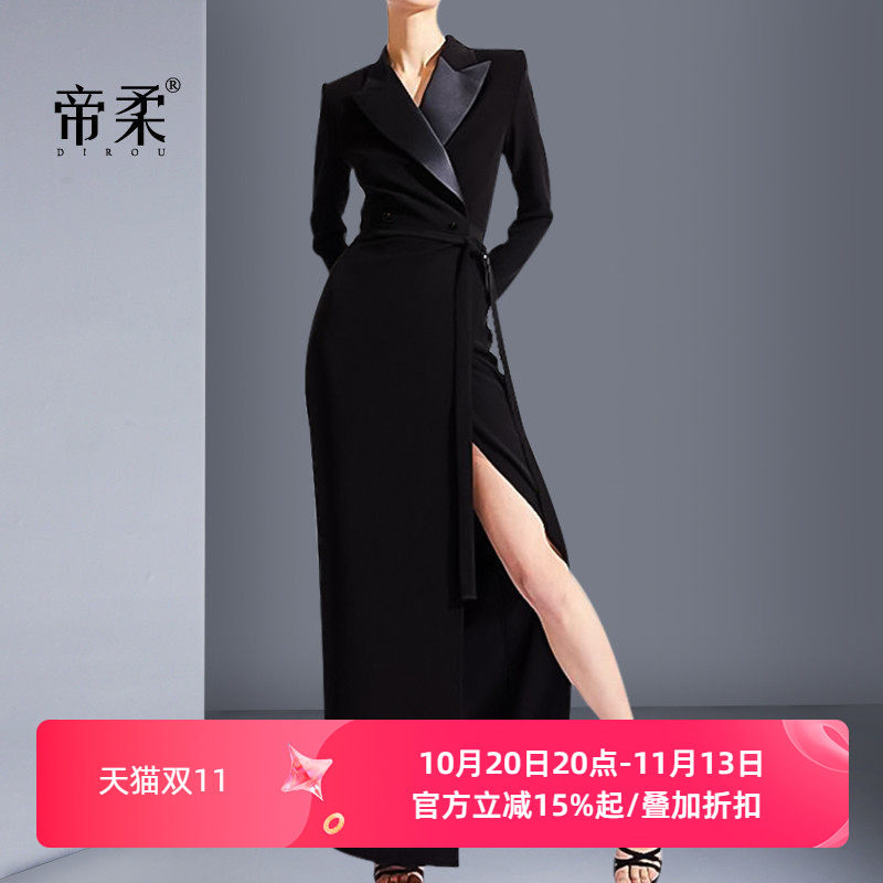 西装领长袖连衣裙修身显瘦2026秋季新款气质设计感小黑裙中长裙子