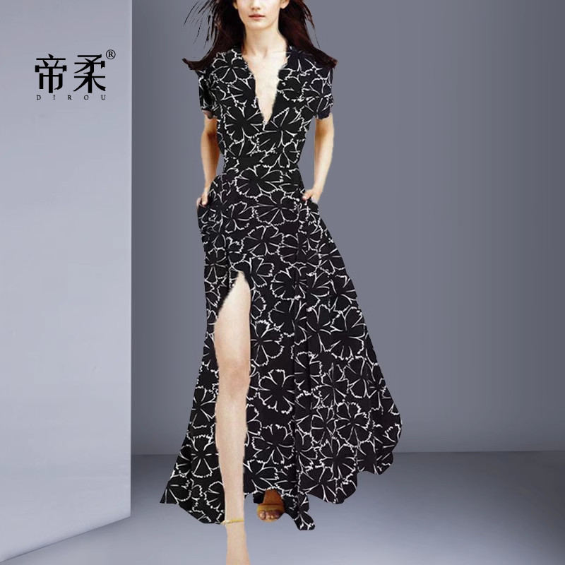 法式印花连衣裙气质开叉修身显瘦