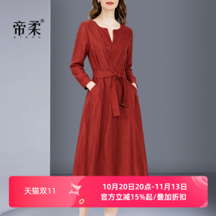 2026秋季新款优雅知性长袖V领连衣裙女收腰显瘦系带宴会中长裙子