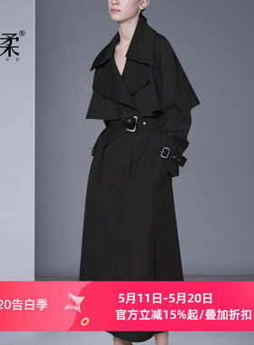 欧洲站时尚收腰流行风衣女中长款2026春季新款过膝修身黑色外套潮