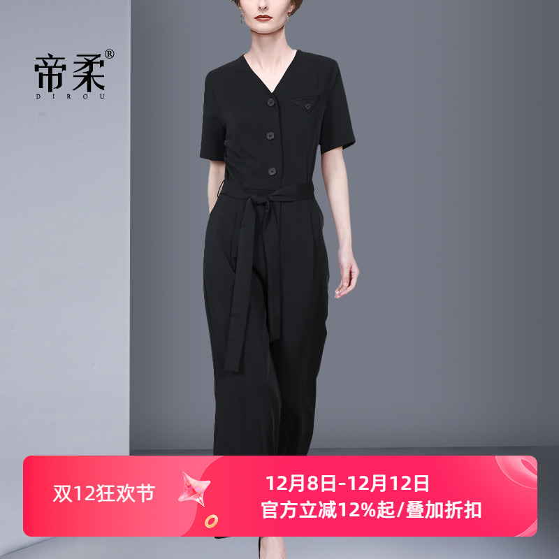 2025夏季新款高腰修身时尚气质显瘦V领系带阔腿裤半袖黑色连体衣