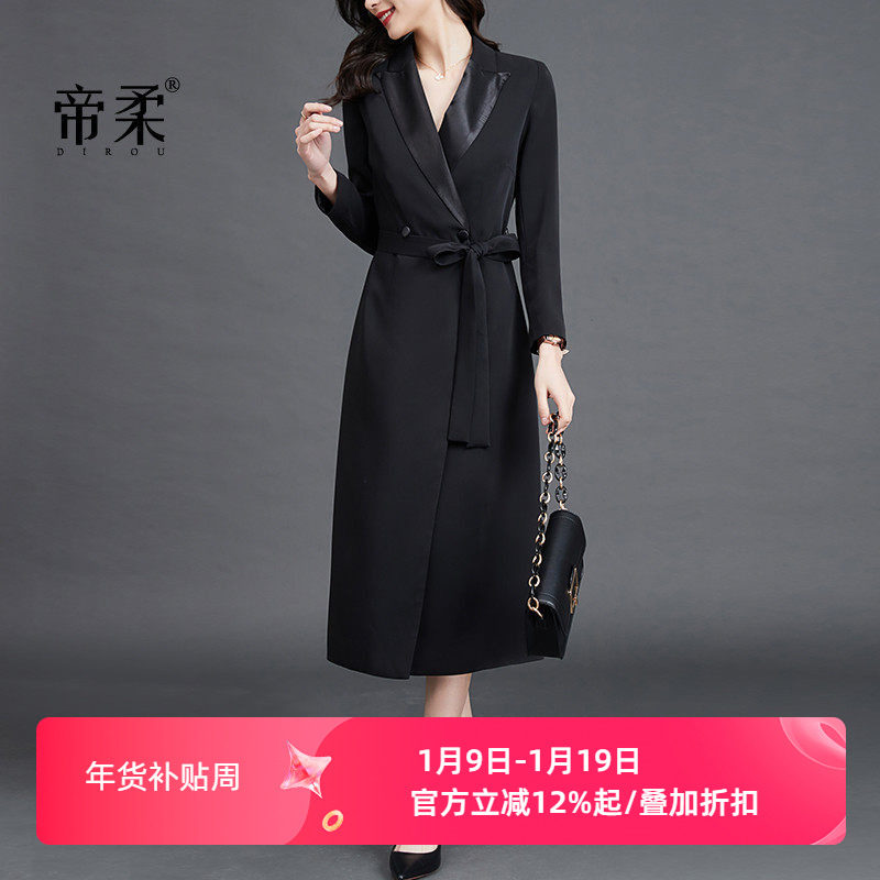 2025秋季通勤西装领长袖连衣裙修身显瘦气质设计感小黑裙中长裙子