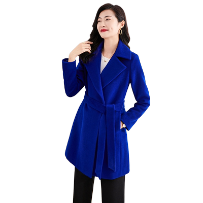 显白宝蓝色修身羊毛呢大衣冬外套