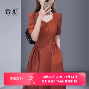 复古高端轻奢显瘦气质方领收腰连衣裙名媛精致法式 2025夏季 新款