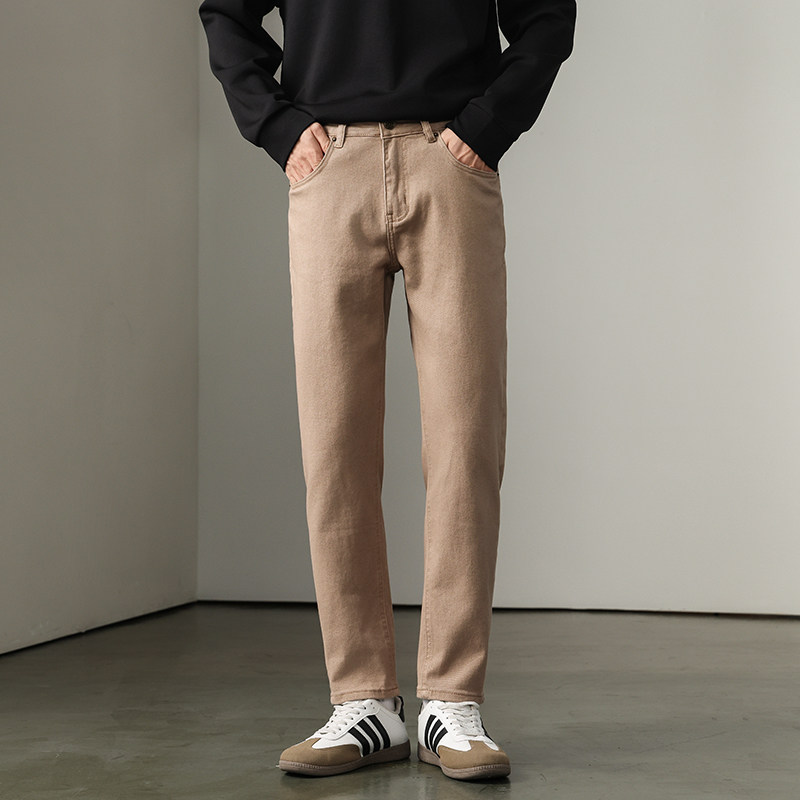秋冬季新款轻奢潮牌卡其色牛仔裤男百搭显瘦修身弹力小直筒长裤子