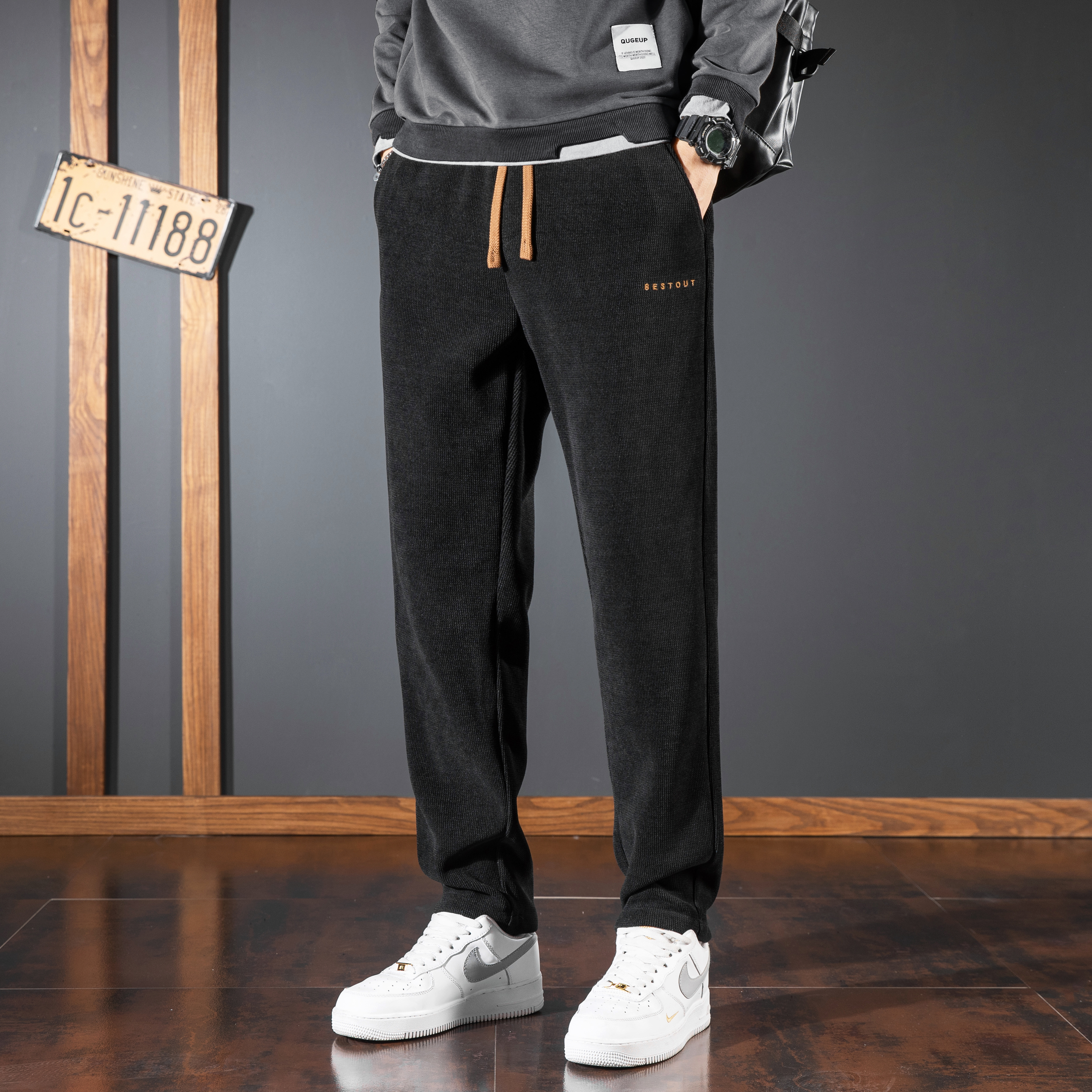 秋冬新款雪尼尔休闲裤男士修身小脚灰色灯芯绒裤子男潮牌百搭卫裤