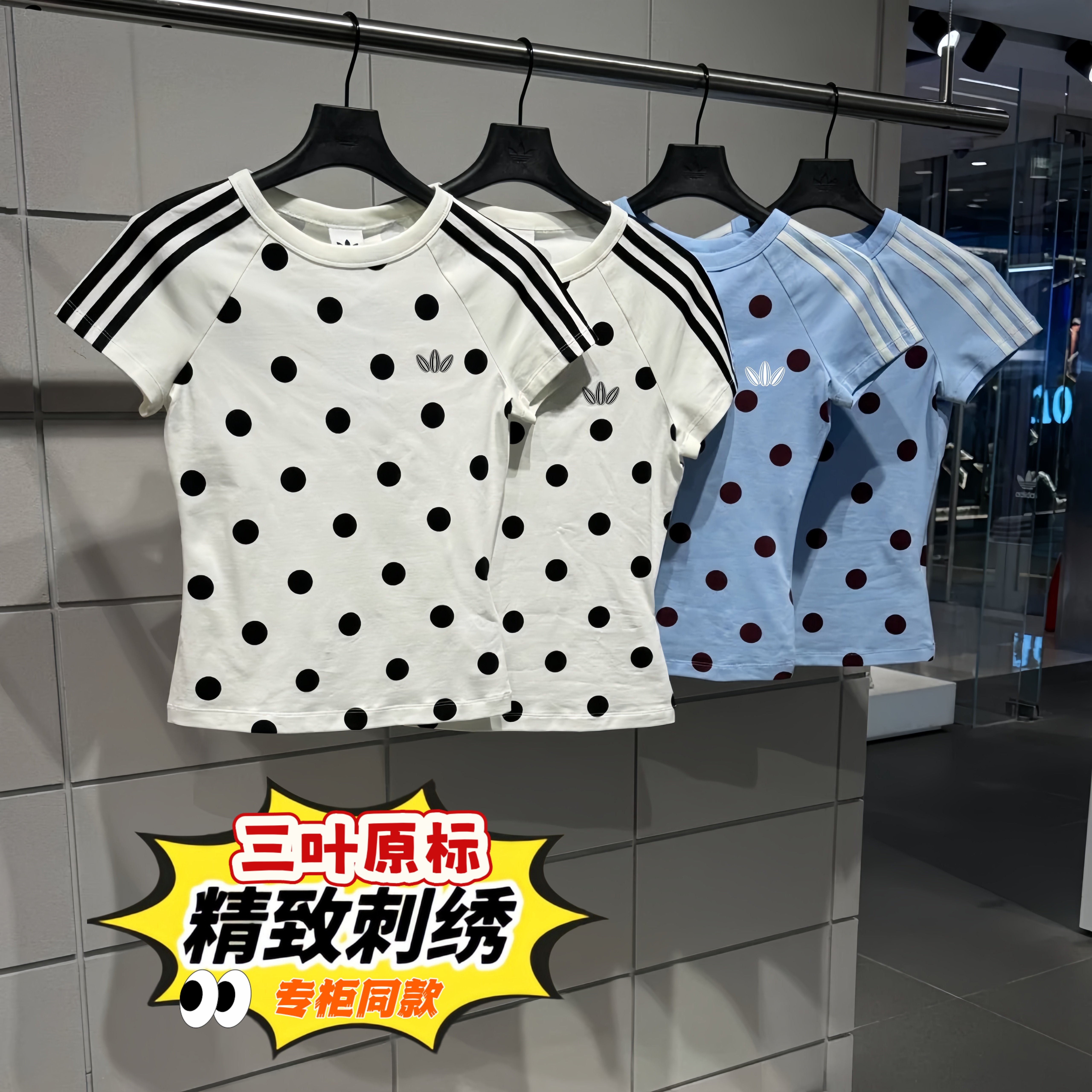 刺绣波点插肩短袖修身T恤女