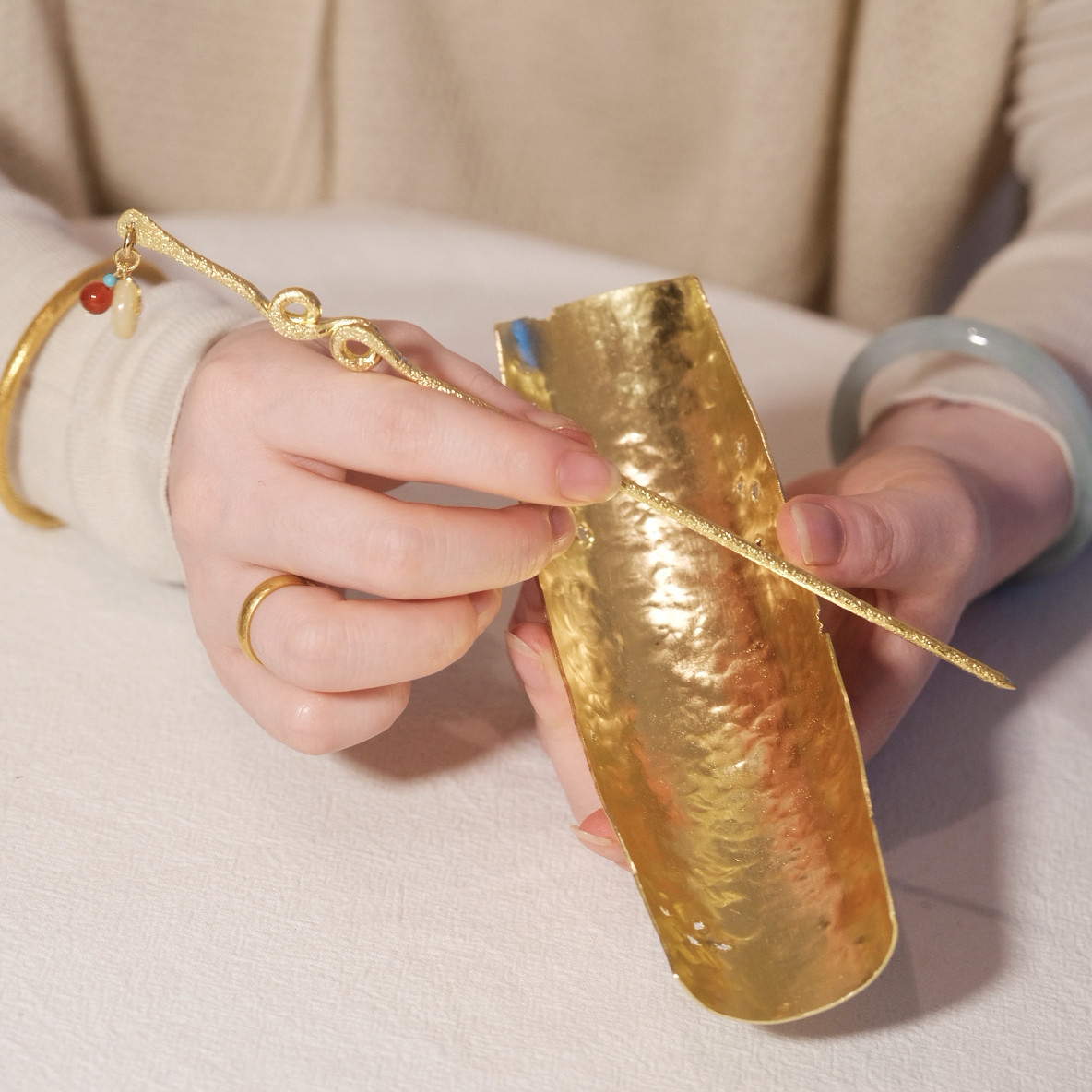 手工錾刻黄铜茶针茶则 紫铜茶荷茶道配件中式茶拨茶勺茶铲六君子