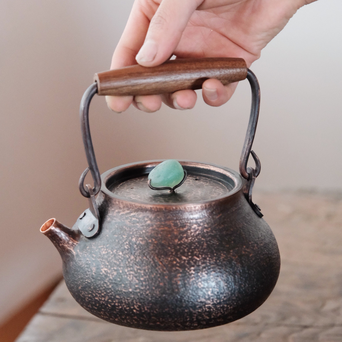 户外露营提梁壶手工一张打紫铜复古胡桃木把烧水壶围炉煮茶泡茶壶
