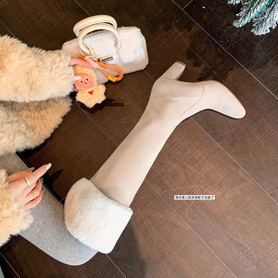 韩版冬季绒面过膝粗跟长靴女