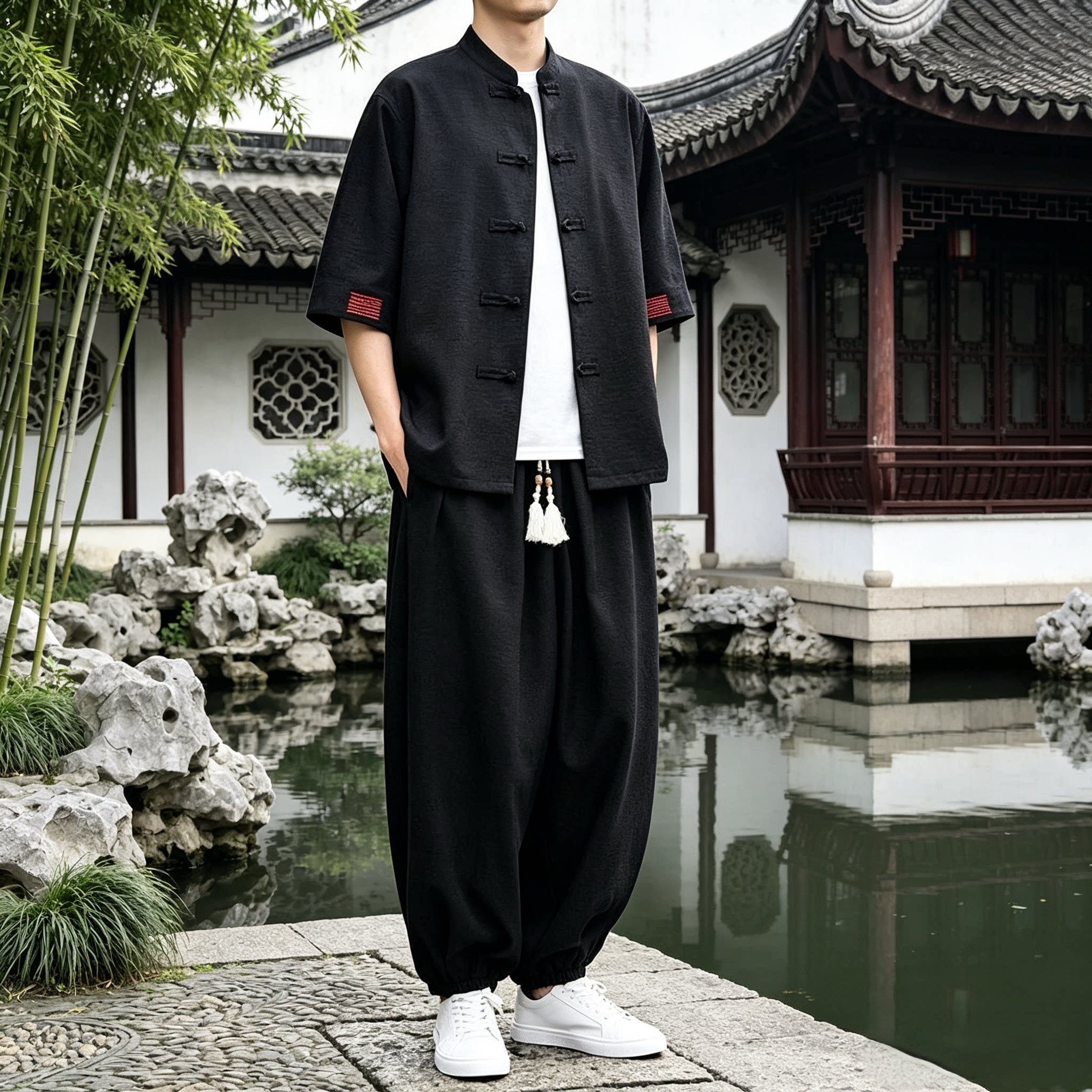 新中式男夏季盘扣唐装灯笼裤套装