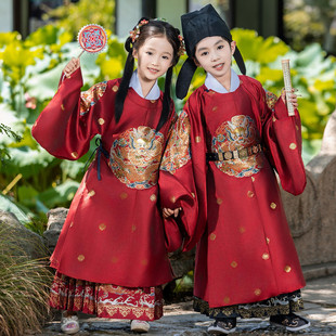 儿童明制织金圆领袍马面裙套装男女童古风亲子汉服文化节走秀表演